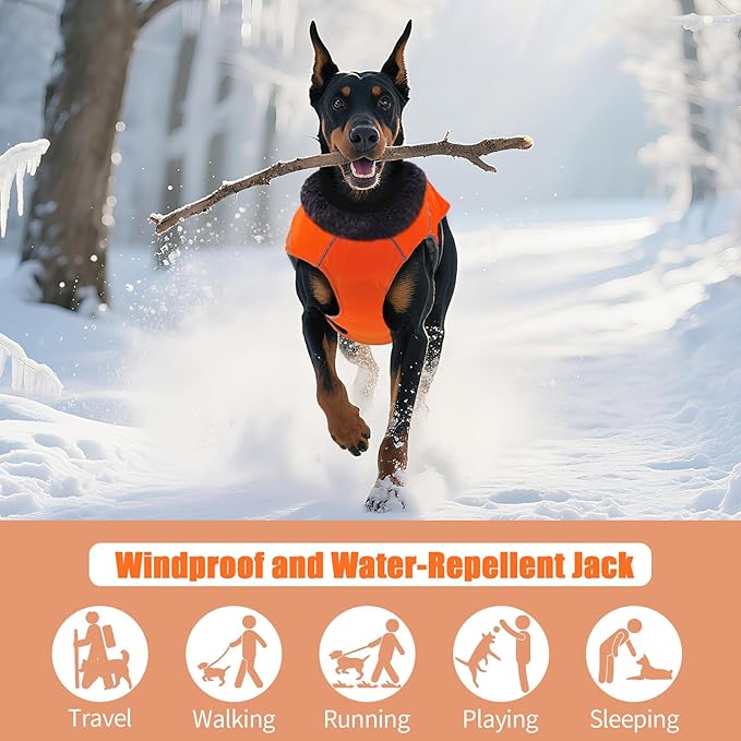 DENTRUN Large Dog Coat - Thick Fleece Lined Reflective Winter Jacket, Snap Closure & Leash Hole, Warm Thick Fleece Lined, Plush Turtleneck Vest for German Shepherd, Orange, XXL