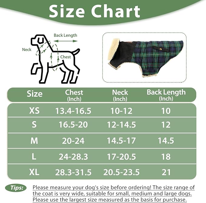 Winter Coat for Small and Medium Dogs, Puppy Plaid Jacket, Cotton Coat for Cold Weather, Windproof Warm Dog Garments, Pet Thickened Outfits Indoor Outdoor, Green XS