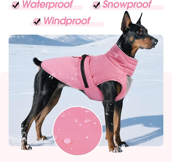 Extra Large Dog Coat, Warm Dog Winter Jacket, Waterproof Dogs Snowsuit with Foldable High Collar, Reflective Strips, Adjustable Hook & Loop Closure - Ideal for Cold Weather - Pink 5XL