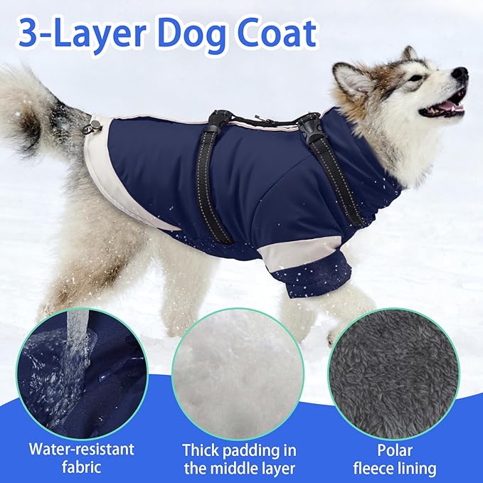 MIGOHI Dog Coat with Harness Built in, 2-in-1 Thermal Water-Resistant Dog Jacket, Windproof Reflective Snowsuit for Extra Large Dogs, German Shepherd, High Collar Design, Navy Blue, 3XL