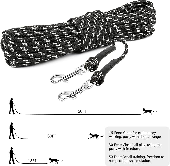 Rypet Reflective Cat Long Leash - 50 FT Escape Proof Walking Leads Yard Long Lead Durable Safe Personalized Extender Leash Traning Play Outdoor for Kitten, Puppy, Rabbit and Small Animals