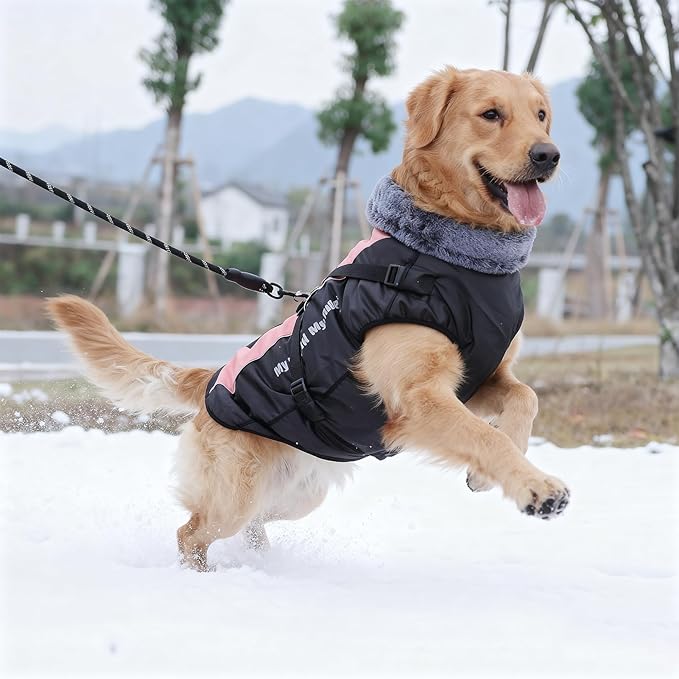 Dog Coat for Medium Large Dogs,Waterproof Reflective Dog Winter Jacket with Harness, Fleece Snowsuit,Warm Pet Winter Coat(Pink-XL)