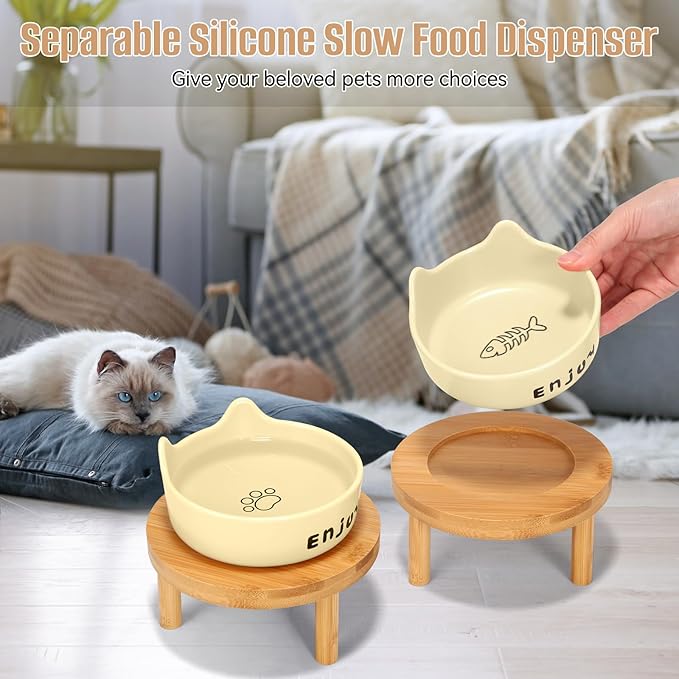 3PCS Elevated Cat Bowls,Wide Raised Ceramic Pet Dishes with Bamboo Stand, Whisker Friendly Pet Water or Food Plates Feeding Station for Indoor Small Dogs, Kitten (Yellow(3PCS))