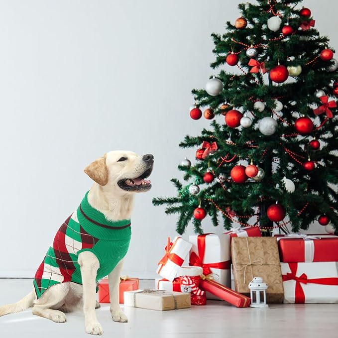 KOOLTAIL Dog Christmas Sweater Pet Knitted Clothes - Classic Plaid Pull Over Turtleneck Christmas Dog with Leash Hole Warm Dogs Winter Clothing for Small Medium Dogs Cats Puppy (Green & Red L)