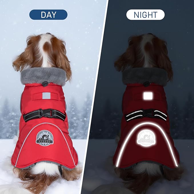 KYEESE Waterproof Dog Coat, Windproof Warm Winter Jacket with Thick Fleece Lined, Cozy Turtleneck Dog Coats for Large Dogs with Leash Hole, Reflective Outdoor Cold Weather Coat, Red, XXX-Large