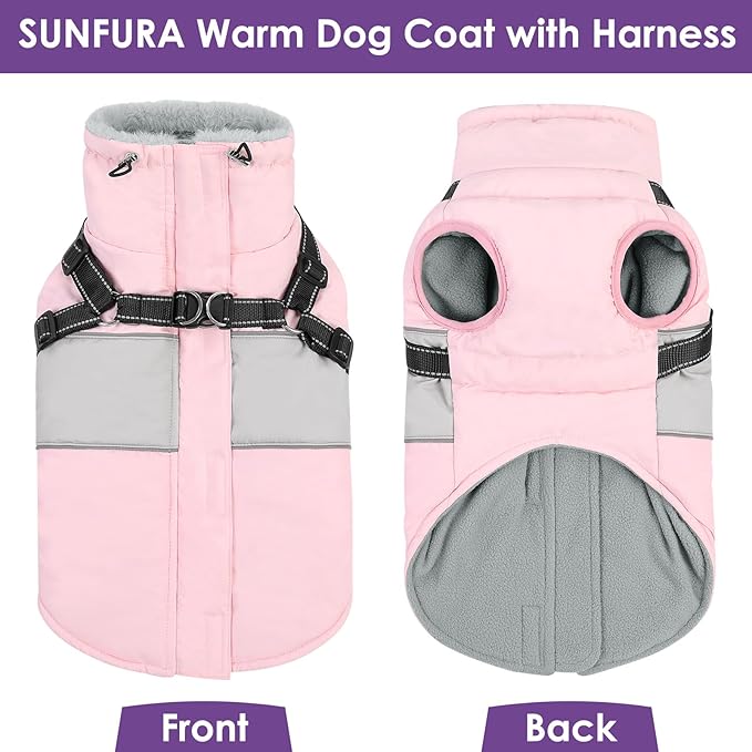 SUNFURA Small Dog Coat with Harness Built in, Warm Dog Jacket Winter with Zipper On Back, Waterproof Pet Snow Jacket Snowsuit Pet Sweater Clothes for Puppy, Pink XS