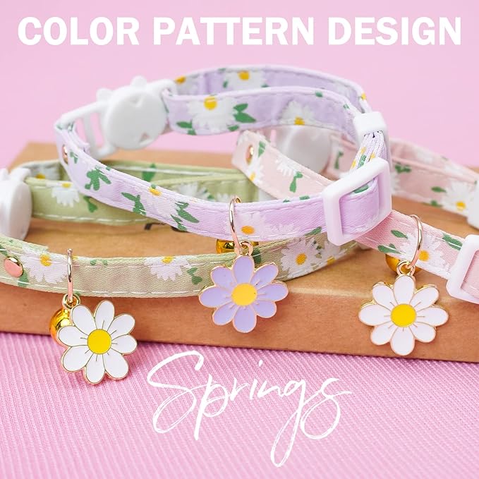 3 Pack Breakaway Cat Collars with Bell- Daisy Pendant Spring Cat Collar for Girl Boy Cats with Safety Buckle- Cute Kitten Collar Adjustable 8"-12" for Kitty Puppy Small Pets