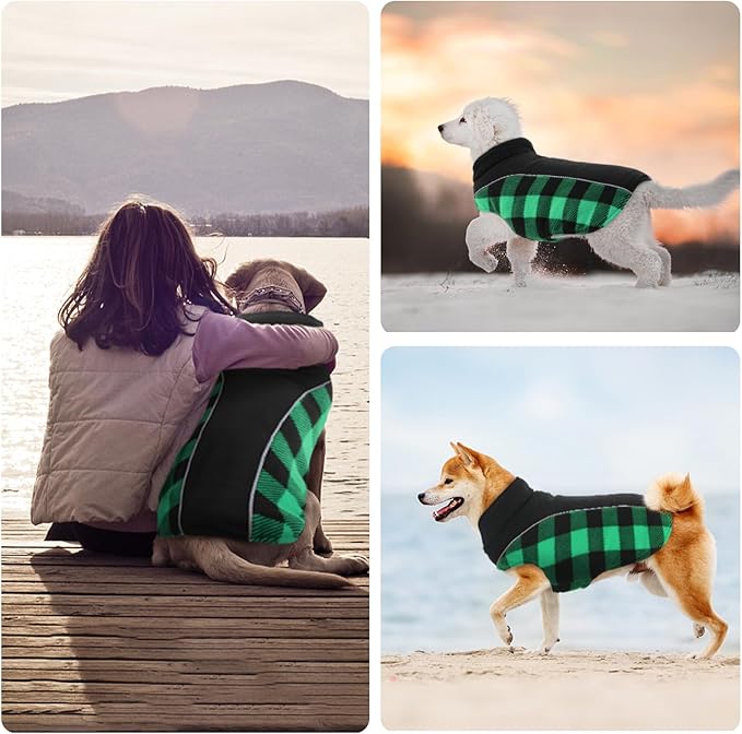 Kuoser Dog Winter Coat, Reversible Waterproof Dog Jacket with Reflective Strip, Warm Dogs Fleece Vest Adjustable Doggy Cold Weather Clothes Plaid Christmas Outfit Pet Apparel for Large Dogs, Green 2XL