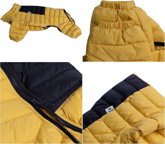 Lovelonglong Dog Coat Dog Warm Jacket, 4 Legs Covered Waterproof Windproof Reflective Warm Dog Vest, Zippered Adjustable Outdoor Dog Snow Jacket for Small Medium Large Dogs Yellow XXL
