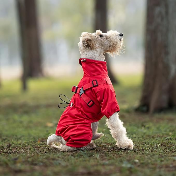 Mile High Life Waterproof Dog Raincoat, Full Coverage Small Dog Rain Coat with Harness, Adjustable 4 Legs Puppy Rain Jacket with Reflective Strip and Elastic Cuffs (Red, M Back Length 14.6")