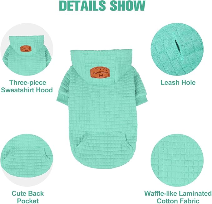 BEAUTYZOO Small Dog Hoodie Sweater with Pockets, Dog Clothes for Small Medium Dogs Boy Girl, Waffle-Like Laminated Cotton Pet Coats with Hat and Leash Hole, Mint Green XS