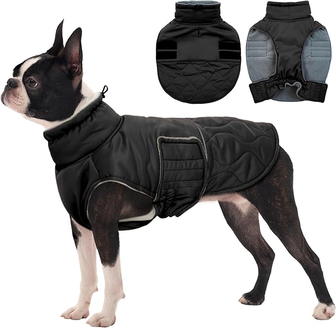 FUAMEY Dog Winter Coat Warm, Dogs Turtleneck Fleece Jacket, Waterproof Cold Weather Puppy Snowsuit with Harness Hole, Extra Small Sherpa Vest for Pet (Black, XS)