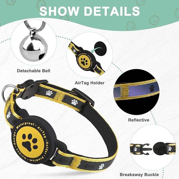 Airtag Cat Collar Breakaway, Reflective Cat Collar with AirTag Holder and Bell, Compatible with Apple Air Tag, Comfortable Padding, Adjustable, Durable (Yellow, XS)