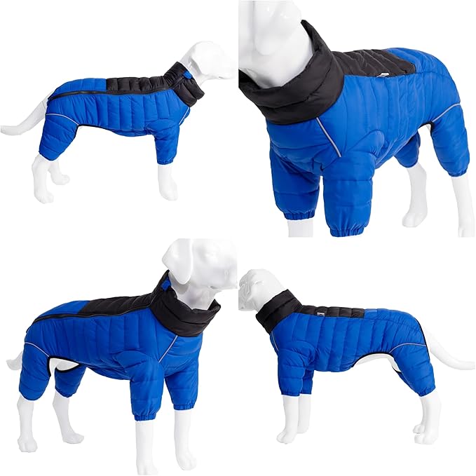 Lovelonglong Dog Coat Dog Warm Jacket, 4 Legs Covered Waterproof Windproof Reflective Warm Dog Vest, Zippered Adjustable Outdoor Dog Snow Jacket for Small Medium Large Dogs Blue M