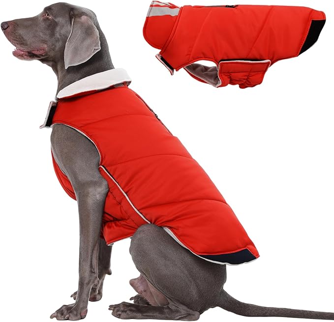 Kuoser Dog Coat Large, Cold Weather Reflective Waterproof Dogs Jacket with Warm Fleece Lining, Turtleneck Dog Winter Coat with Zipper, Doggy Snow Jacket Pet Coats for Small Medium Large Dogs, Red 2XL