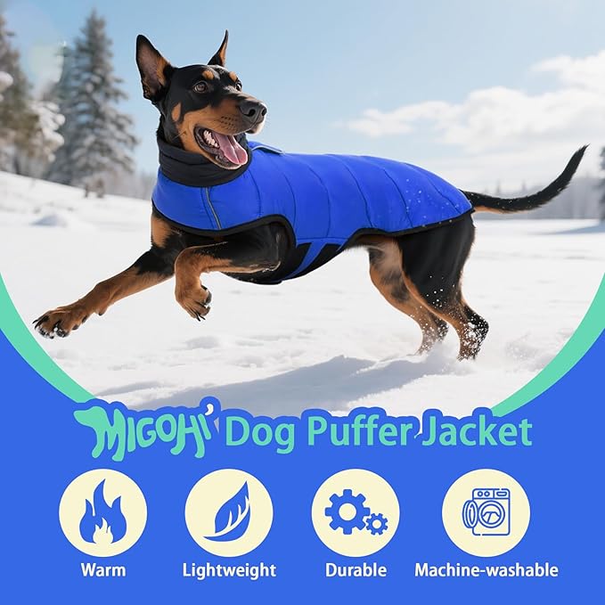 MIGOHI Lightweight Dog Coat, Windproof Dog Jacket, Puffer Jacket for Medium Dogs, Padded Vest with Reflective Strips, Warm Snow Vest in Cold Weather, Easy On Hook & Loop Belly, Blue, L