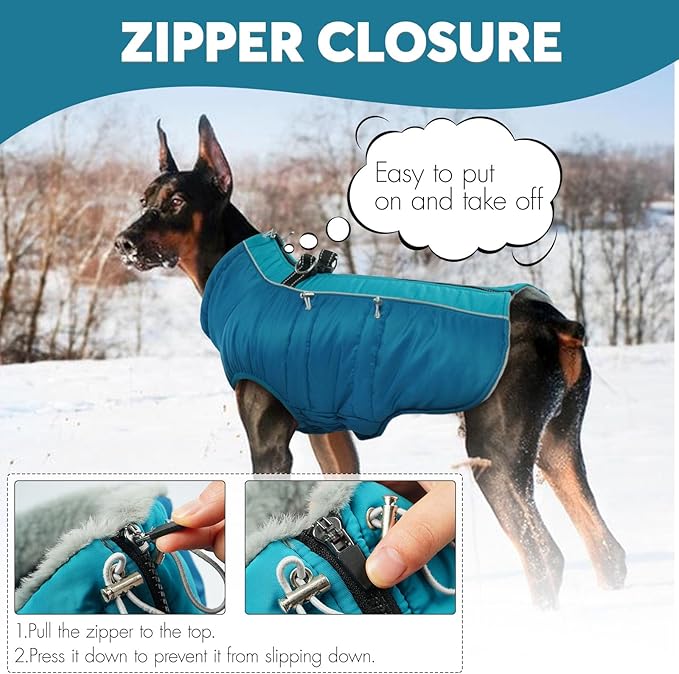 IDOMIK Warm Dog Coat with Harness, Waterproof Reflective Dog Jackets for Small Medium Large Dogs, Fleece High Collar Winter Jacket with Zipper, Pet Winter Snowsuit Clothes for Cold Weather,Blue XL