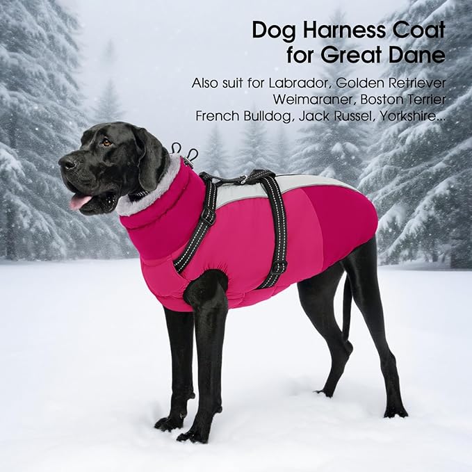 SUNFURA Dog Coat, Dog Jacket for Large Dogs with Harness Built in, Warm Pet Winter Coat Zip Up Snow Jacket with Furry Collar for Boston Terrier, French Bulldogs, Hot Pink L