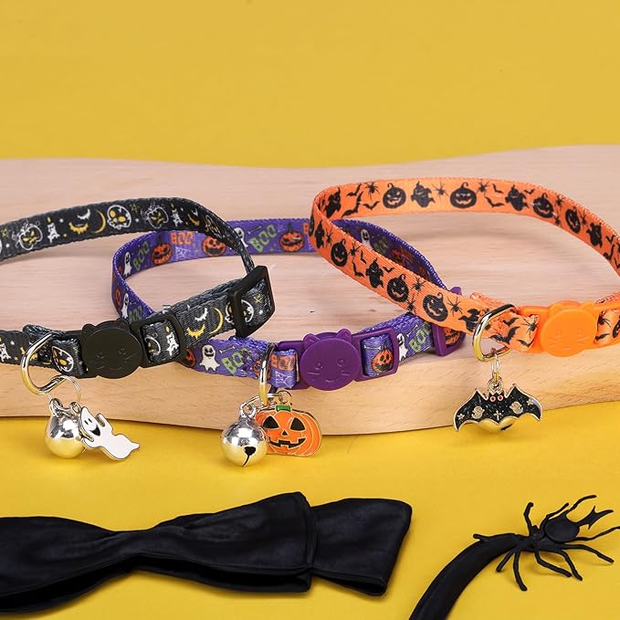3 Pack Halloween Breakaway Cat Collars with Bell & Charm-Holiday Cat Collar for Girl Boy Cats with Safety Buckle- Cute Pumpkin Skull Kitten Collar Adjustable 8"-12" for Kitty Puppy Small Pets