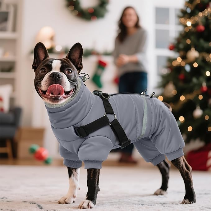 BRKURLEG Grey Dog Winter Coat, Cozy Winter Dog Jackets, Small Dogs Coat with Harness, Onesie Body Warm Puppy Jacket, Pet Reflective Windproof Cold Weather Jackets, Puppy Four-Legged Puffer Coats, XL