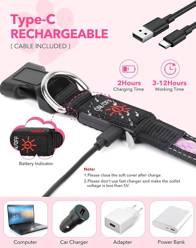Weesiber Light Up Dog Collar - LED Dog Collar Rechargeable Glow in The Dark Pet Collar, Reflective Safety Dog Lights for Night Walking(Pink, L)