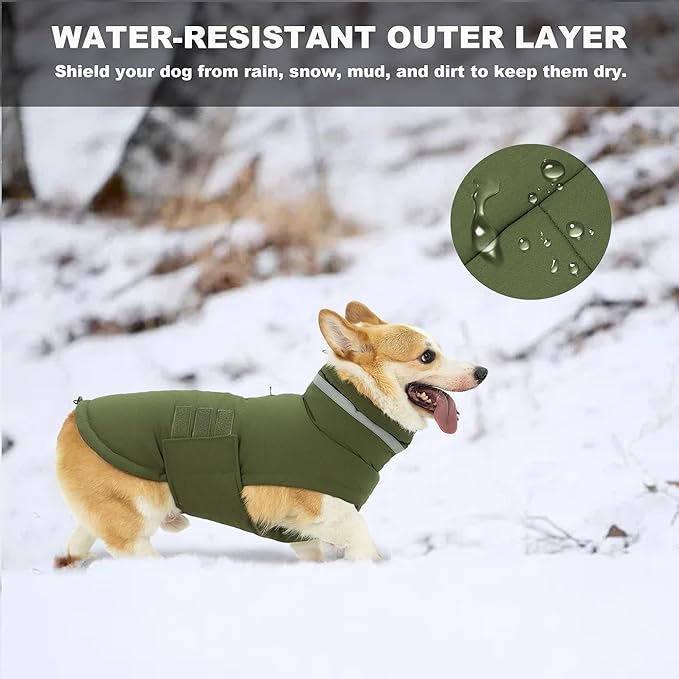 Dog Coat, Waterproof Winter Jacket, Warm Windproof Jacket, Reflective Adjustable Turtleneck Coats for Small Dogs with Hook & Loop - Green - S