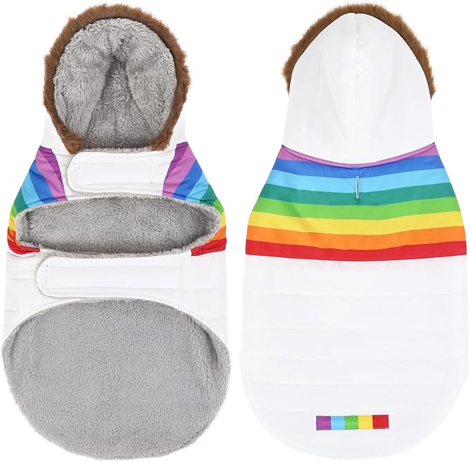 HDE Dog Puffer Jacket Fleece Lined Warm Dog Parka Winter Coat with Harness Hole White Rainbow Stripe - M