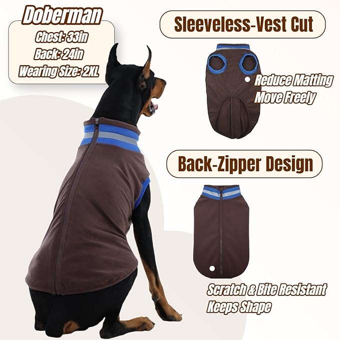 Winter Warm Dog Fleece Vest Sweater, Soft & Snug-Fit Doggie Sweaters for Small Dogs with Back-Zipper, Turtleneck Puppy Vests Sweatshirt, Lightweight Coat Pet Clothes with Reflective Strip(Brown, XS)