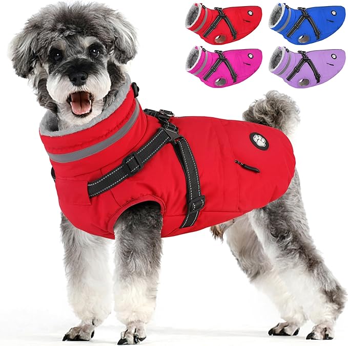 Dogcheer Dog Coat with Harness, Waterproof Dog Jacket, Christmas Puppy Winter Coat with Pocket, Reflective Doggy Turtleneck Puffer Vest for Small Medium Large Dogs - Red, S