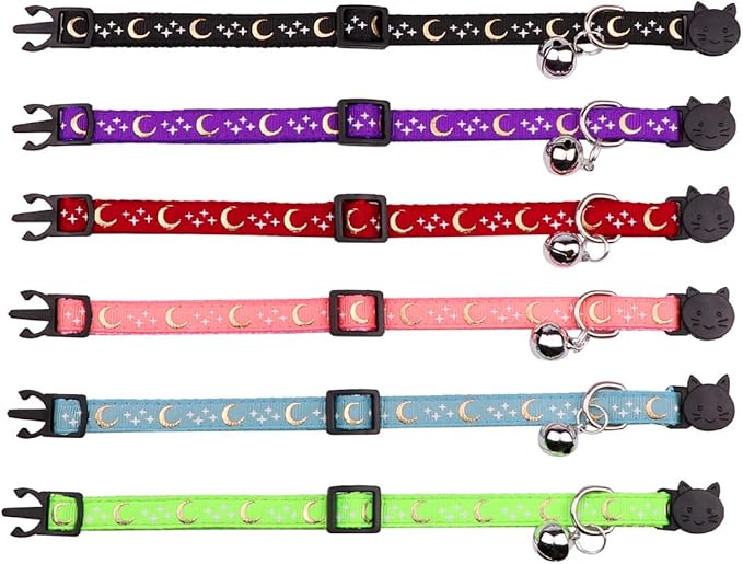 6 PCS Breakaway Cat Collars with Bell Golden Moon Glowing Star in The Dark for Kitten