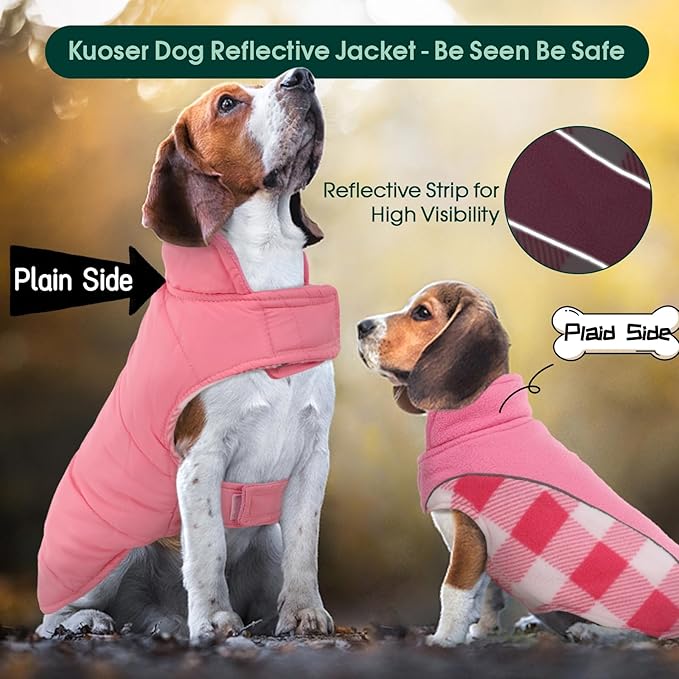 Kuoser Dog Winter Coat, Reversible Waterproof Dog Jacket with Reflective Strip, Warm Dogs Fleece Vest Adjustable Doggy Cold Weather Clothes Plaid Christmas Outfit Pet Apparel for Large Dogs, Pink 2XL