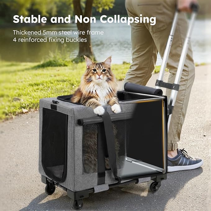 Pecute Cat Carrier with Wheels,Steel Wire Frame Cat Carrier, Stable Pet Trolley Bag for Cats, Pet Handbag and Stroller Bag, Portable Cat Carrier Bag for Car Travel Bus Subway, L, Grey
