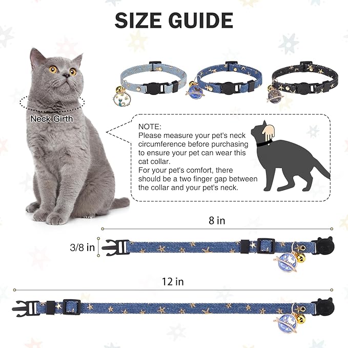 3 Pack Breakaway Cat Collars with Bell- Moon and Stars Pendant Cat Collar for Girl Boy Cats with Safety Buckle- Cute Kitten Collar Adjustable 8"-12" for Kitty Puppy Small Pets