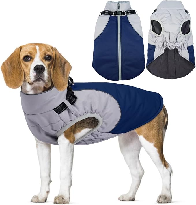 Reflective Dog Coat with Harness Built in,XL Soft Warm Dog Jacket for Cold Weather,Windproof Snowproof Pet Vest for Outdoor Walking Hiking,Adjustable Collar Easy On/Off,Blue,XL