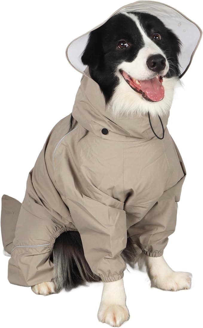 Dog Raincoat for Medium Large Dogs,rain Jacket Coat, Full Leg Coverage Waterproof Rain Suit with Detachable Hood & Tail, Reflective Strips, Snag-Free Top Zipper (Khaki for Boy, Medium)