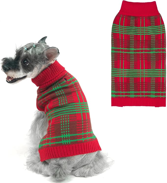 PUPTECK Dog Christmas Sweaters for Large Medium Small Dogs - Fall Outfit Classic Plaid Style Puppy Holiday Winter Coat Clothes Warm