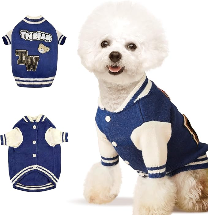 Small Dog Sweater Sweatshirt Cute Blue Puppy Sweaters - Winter Warm Knitted Bear Design for Small Puppies (S)