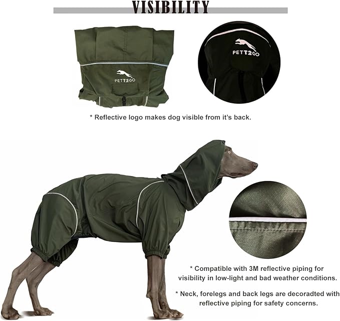 Dog Lightweight Windbreaker, Dog Outdoor 4-Legs Jacket, 0.5 lbs,Durable Water Repellent, Hooded, Easy on/Off with Collar and Harness, Reflective, Packable,Dark Olive - XLarge (Male)