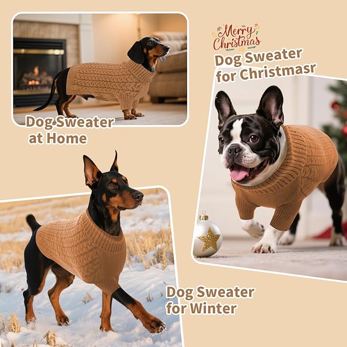 SAWMONG Dog Sweater, Dog Sweaters for Large Dogs Girls Boys, Pullover Turtleneck Knitted Doggy Sweatshirt, Cold Weather Pet Clothes（Khaki, 2X-Large