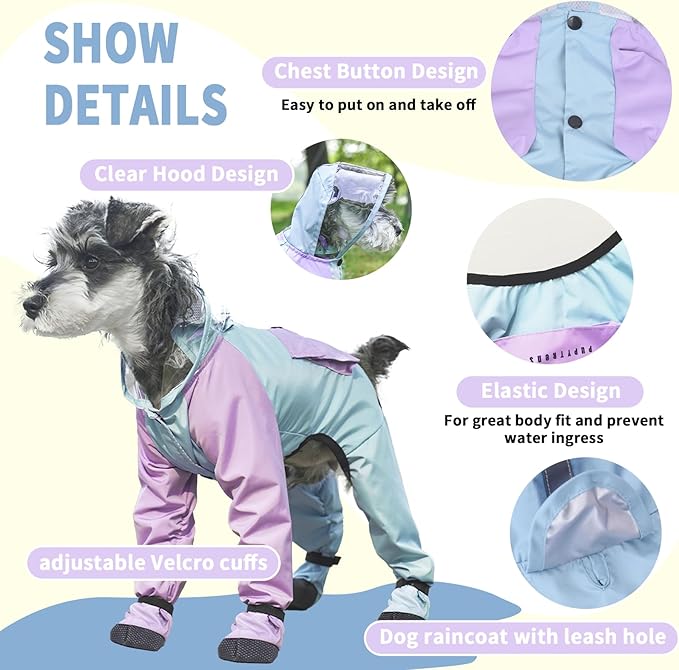 Dog Raincoat with Transparent Hood, Waterproof Jacket for Small Dogs with Snap-Button Chest, Leash Hole & Hook-and-Loop Cuffs Sleeves, Back Pocket for Treats (Blue, Medium)