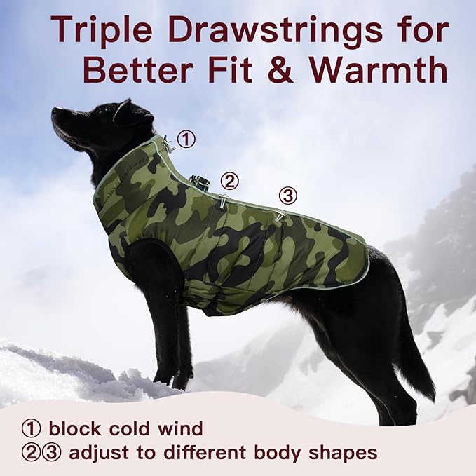 Dog Coat - Warm Zip Up Snowsuit for Large Dogs, Reflective, Water-Resistant, Camouflage