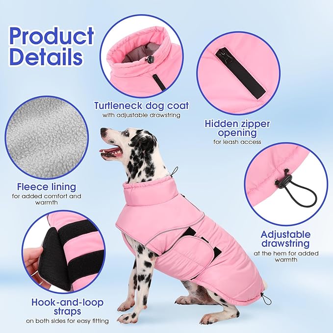 ASENKU Extra Warm Dog Coat - Fleece Reflective Puffer Jacket with Zippered Leash Hole for Large Dogs (Pink, XL)