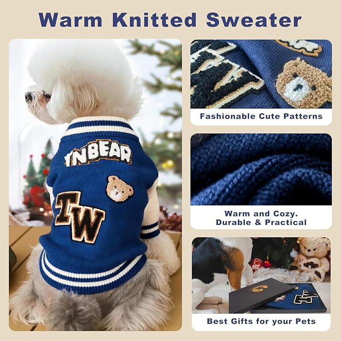 Small Dog Sweater Sweatshirt Cute Blue Puppy Sweaters - Winter Warm Knitted Bear Design for Small Puppies (M)