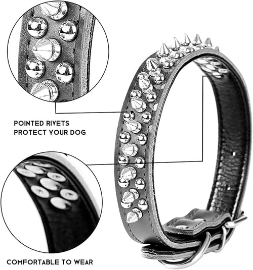 Adjustable Genuine Leather Spiked Studded Dog Collars for Small Medium Large Pets Like Pit Bull Bulldog Pugs Husky (S, White)