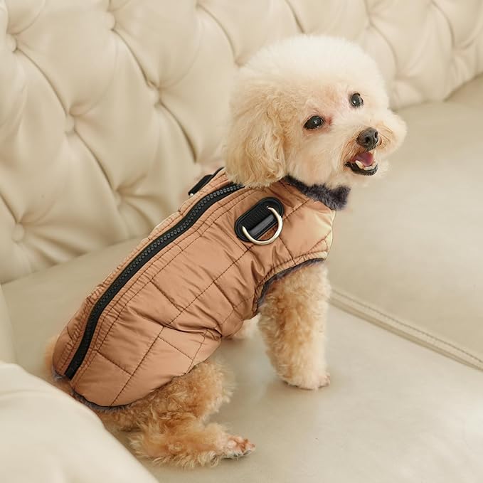 Warm Fleece Dog Coats with Durable Harness Buitl in D-Ring,Waterproof Doggie Jacket for Medium Dogs,Dog Vest for Cold Winter,Burnished Khaki XL