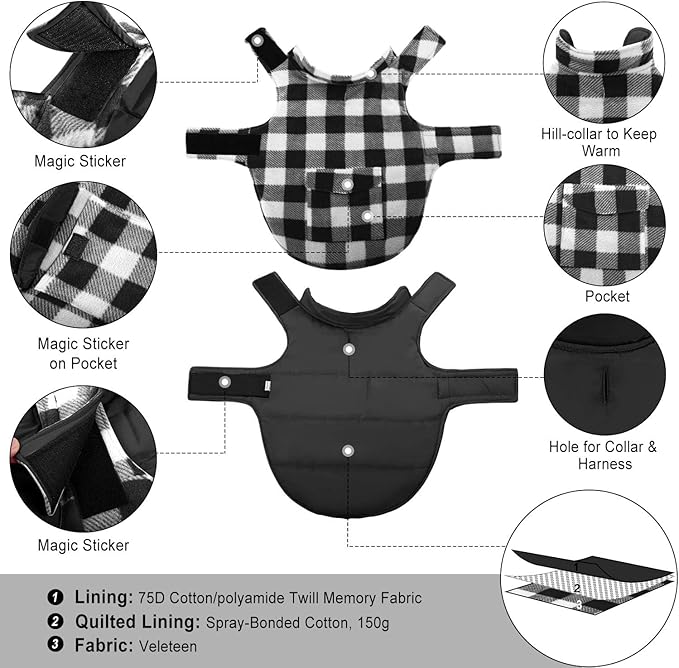 ASENKU Dog Winter Coat, Fleece Doggie Jacket Plaid Reversible Vest Waterproof Windproof Cold Weather Clothes for Small Medium Large Dogs (White, XL)
