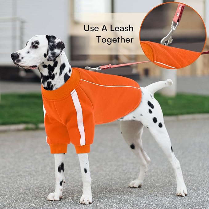 Queenmore Cozy Fleece Dog Sweater XS, Soft Pullover Dog Sweatshirt, Warm Winter Fleece Jacket with Leash Hole/Reflective Stripes for Small Medium Large Dogs Orange