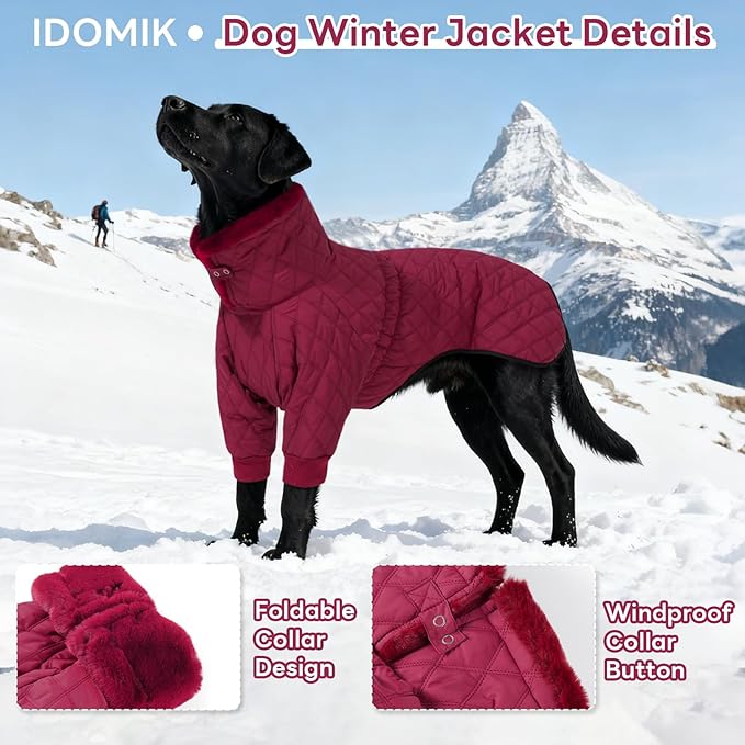 IDOMIK Dog Winter Coat for Large Dogs, Warm Dog Winter Jacket with Fleece High Collar, Zippered Cold Weather Coats for Dogs, Waterproof Doggy Snow Jacket Clothes,WineRed,2XL