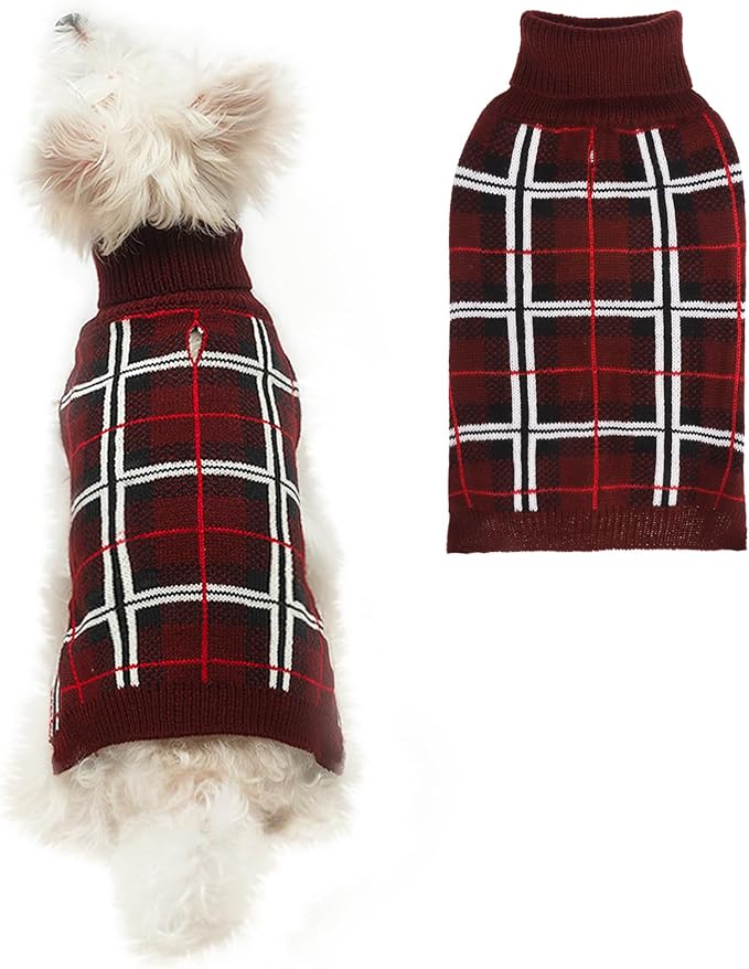 PUPTECK Dog Christmas Sweaters for Large Medium Small Dogs - Fall Classic Plaid Style Puppy Holiday Winter Coat Clothes Warm, Deep Red, M