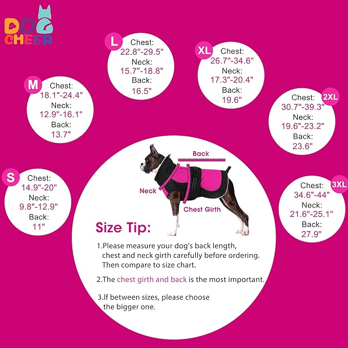 Dogcheer Waterproof Dog Coat, Christmas Dog Winter Jacket, Adjustable Puppy Fleece Coat for Cold Weather, Reflective Turtleneck Snow Jacket for Small Medium Large Dogs - Pink, XL